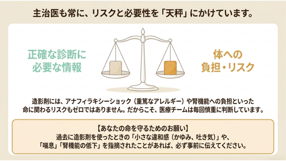 造影剤のメリットとリスクの天秤