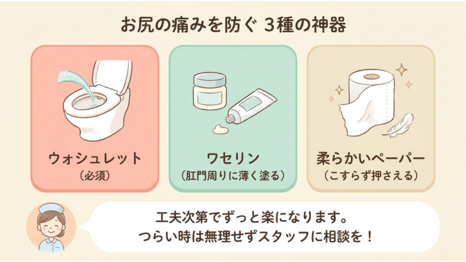 お尻を守る3種の神器(ウォシュレット・ウェットシート・ワセリン)